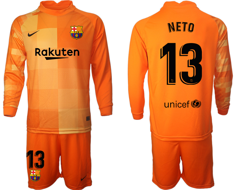 Men 2021-2022 Club Barcelona orange red goalkeeper Long Sleeve #13 Soccer Jersey->barcelona jersey->Soccer Club Jersey